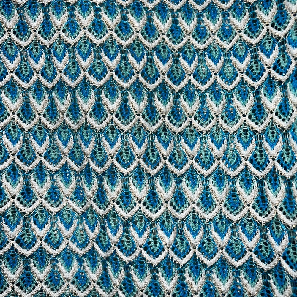 Blue, White & Gold Perforated Knit Button Down Shirt - Picture 2 of 2